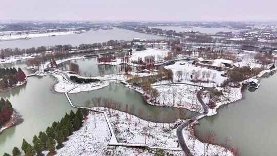 航拍湿地公园雪景树林湖岛木屋杉树木