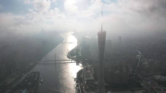 广州塔珠江新城猎德大桥阳光延时航拍朝阳