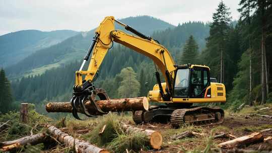 山林中挖掘机搬运木材