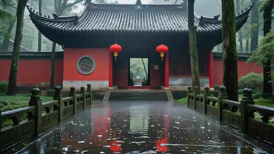 浙江杭州寺庙雨后中国风古建筑风景视频