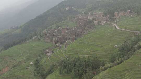 山间梯田旁的村落全景