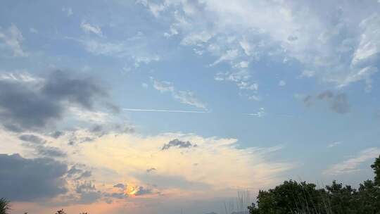 天空夕阳飞机线