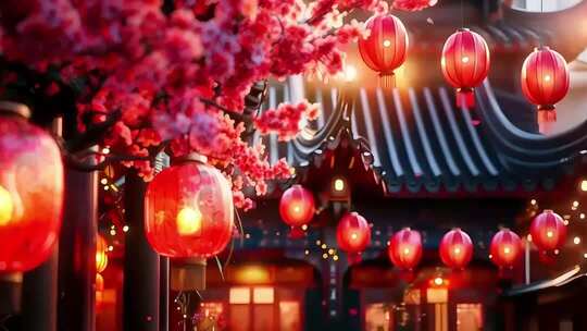 古风建筑挂红灯笼夜景