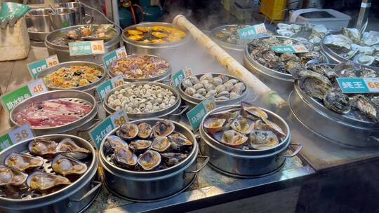 美食街蒸汽海鲜贝类