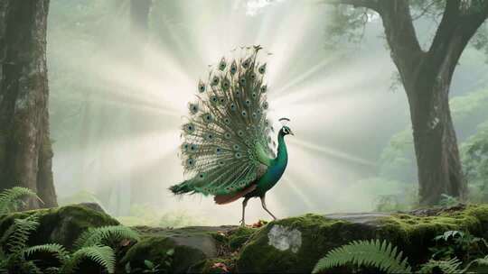 森林中开屏的孔雀