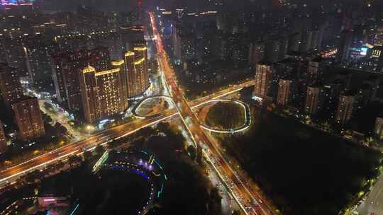 航拍陕西西安高新区交通夜景