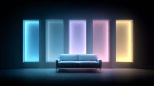 霓虹灯光下的简约沙发营造未来感