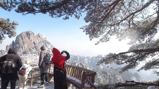 合集 黄山冬季雾凇雪景大量游客登山赏雪