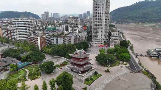 航拍四川宜宾合江门广场夹镜楼