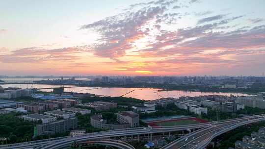 航拍武汉光谷夕阳晚霞落日天空街景