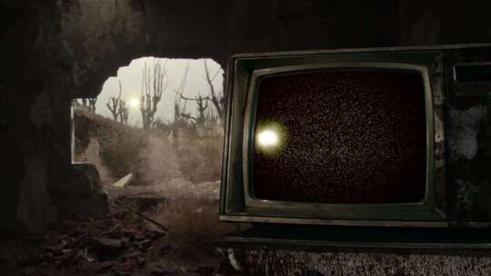 老式旧电视机在废弃的房子里打开绿屏。