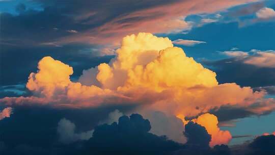 绚丽晚霞中的蓬松云朵