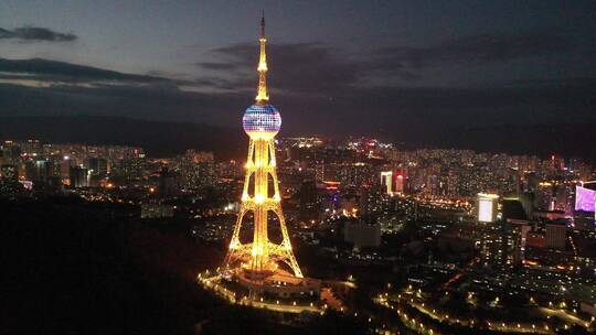 青海西宁浦宁之珠电视塔夜景城市风光视频素材模板下载
