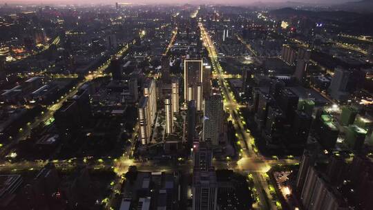 市区亮灯的高层建筑居民小区夜晚航拍