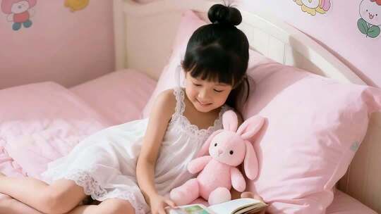 小女孩床上抱着玩偶看书
