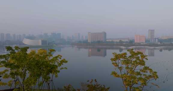 杭州余杭良渚新城玉湖景区清晨航拍