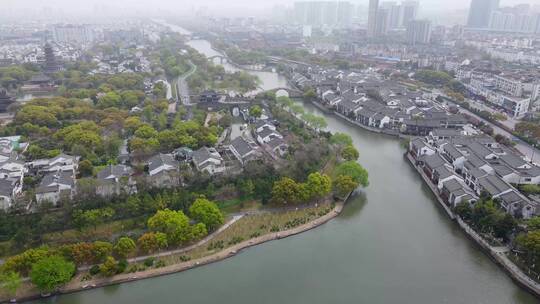 4k 航拍江苏苏州胥门运河两岸古建筑古民居