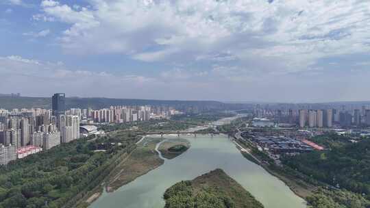 陕西宝鸡渭河两岸绿化植物航拍