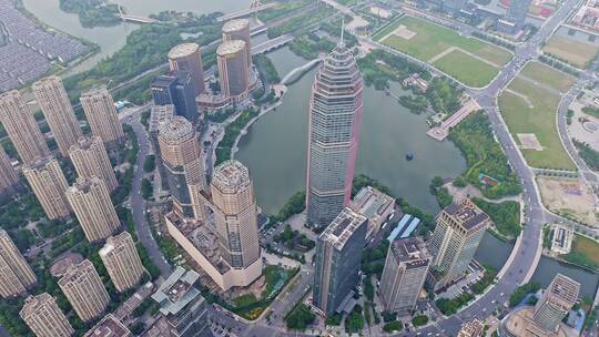 航拍俯视绍兴世茂风光,鸟瞰梅龙湖公园风景