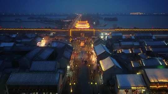 河南商丘古城雪景夜景航拍