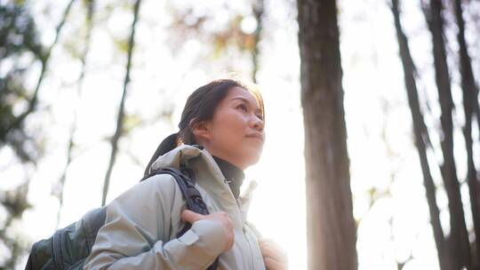 中年女性原始森林户外徒步探险感受自然