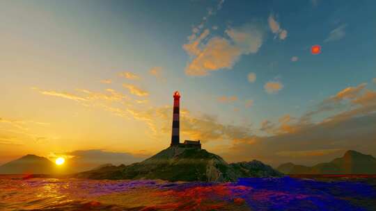 夕阳下的海岸灯塔照亮远方