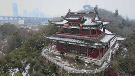 武汉汉阳区晴川阁雪景航拍