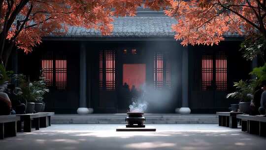 唐朝建筑庭院香炉袅袅青烟升腾