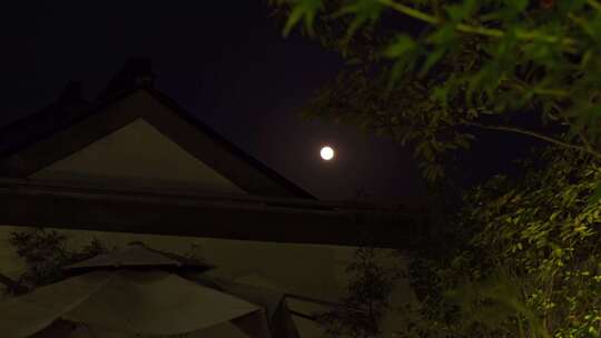 庭院夜景月亮屋檐 树木影子中秋月亮古建筑视频素材模板下载