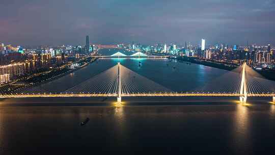 武汉二七长江大桥夜景航拍延时视频素材模板下载