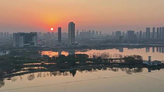 冬天武汉金银湖湿地公园与落日航拍