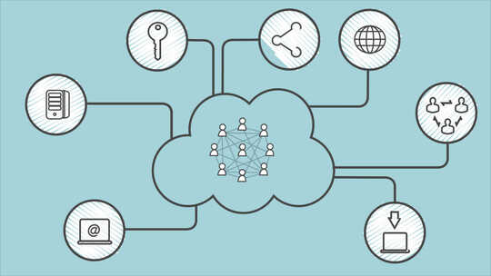 与云计算相关的连接用户和图标的网络结构。