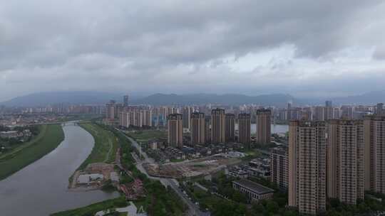 莆田木兰溪城市建筑群河流鸟瞰景象