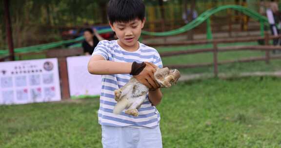 男孩抱着兔子 萌宠乐园