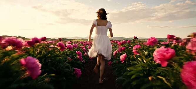女子在花海中漫步