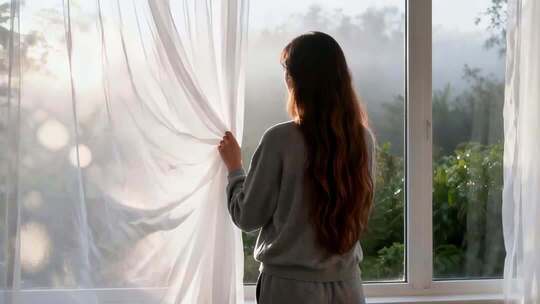 女子窗边拉开白色窗帘