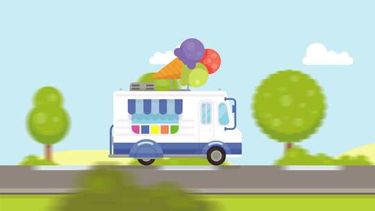 高速行驶在路上的动画冰淇淋送货车。