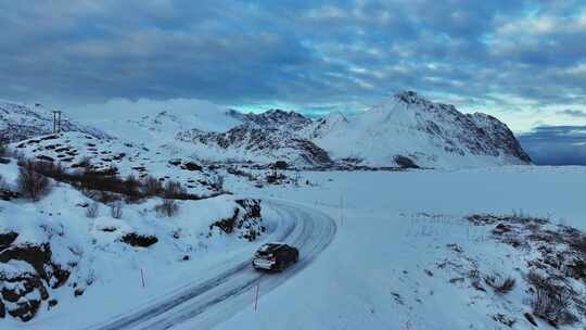 挪威罗弗敦群岛北极圈雷纳冬季雪景高空航拍