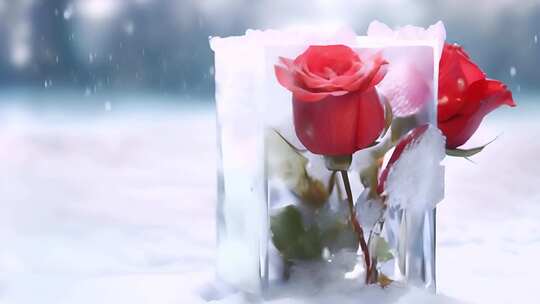 网红冰封玫瑰雪地浪漫下雪花开爱情红色花朵