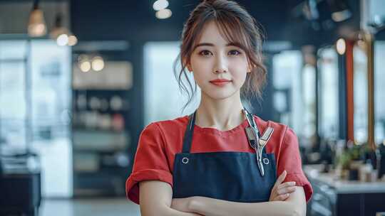 美发店女理发师双臂交叉特写