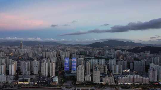 浙江温州城市晚霞夜幕降临航拍