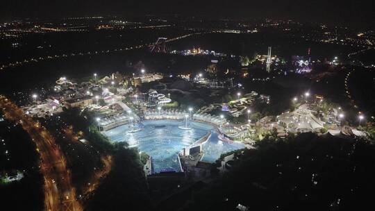 航拍上海松江玛雅水上乐园游泳池夜景