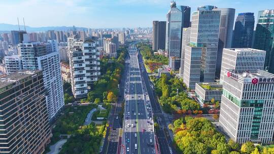 杭州秋石高架路航拍上城区高楼大厦车流交通