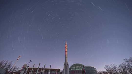 火箭太空站航空航天模型夜景星空星轨延时