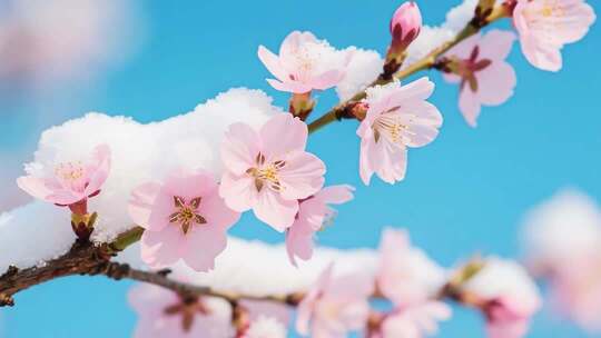 枝头覆雪的粉色花朵特写