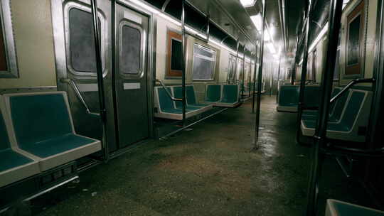 带有蓝色座椅和金属栏杆的地铁车厢内饰