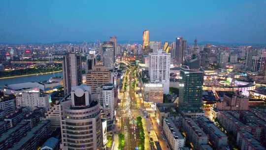 浙江宁波繁华城市建筑夜景航拍