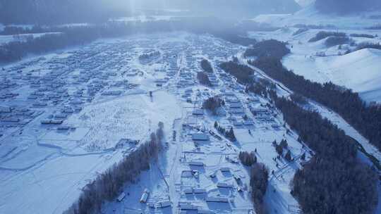 雪山森林河流村庄航拍