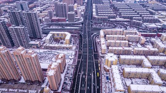 8K哈尔滨冬季雪天城市立交交通航拍延时