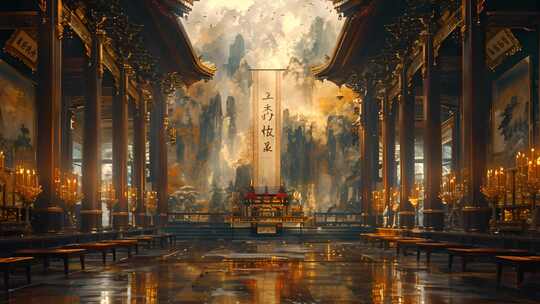 中式概念场景，点满蜡烛的祠堂